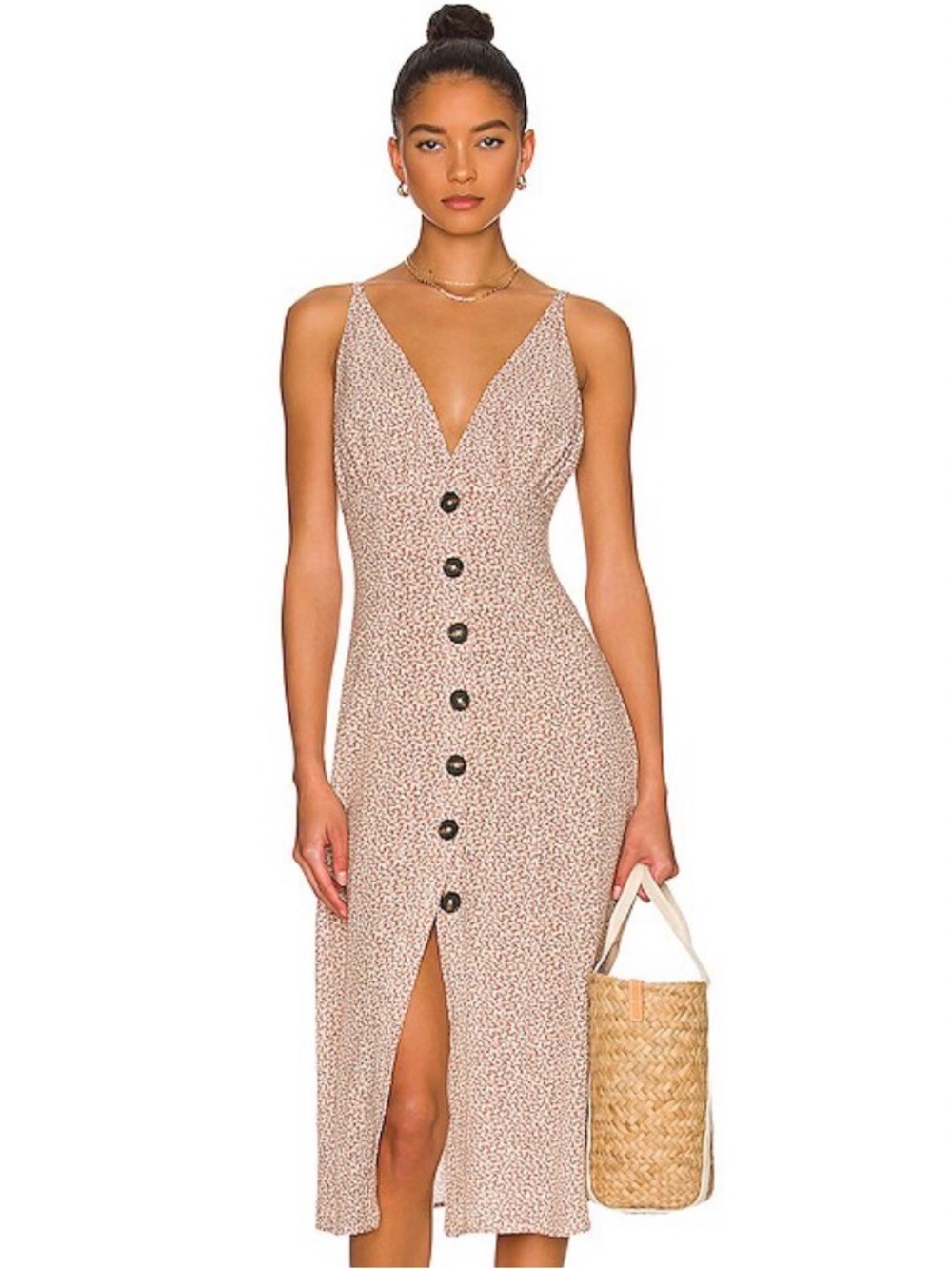 Anna Nata Monica Button-Front V-Neck Midi Dress Dusty brown